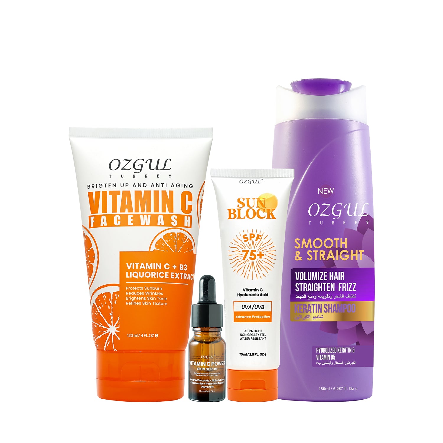 Collection of OZGUL skincare and hair care products on a white background