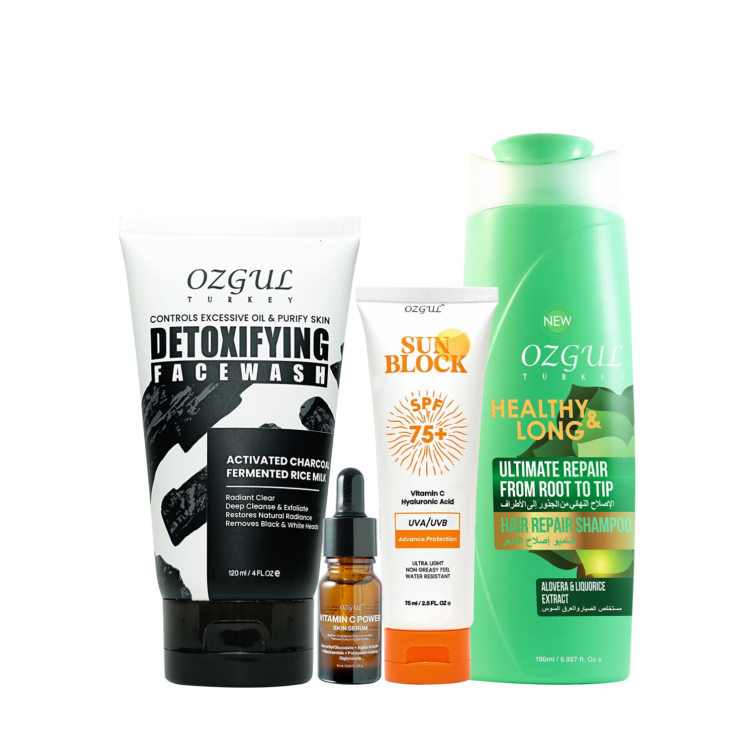 Collection of Ozgul skincare and hair care products on a white background