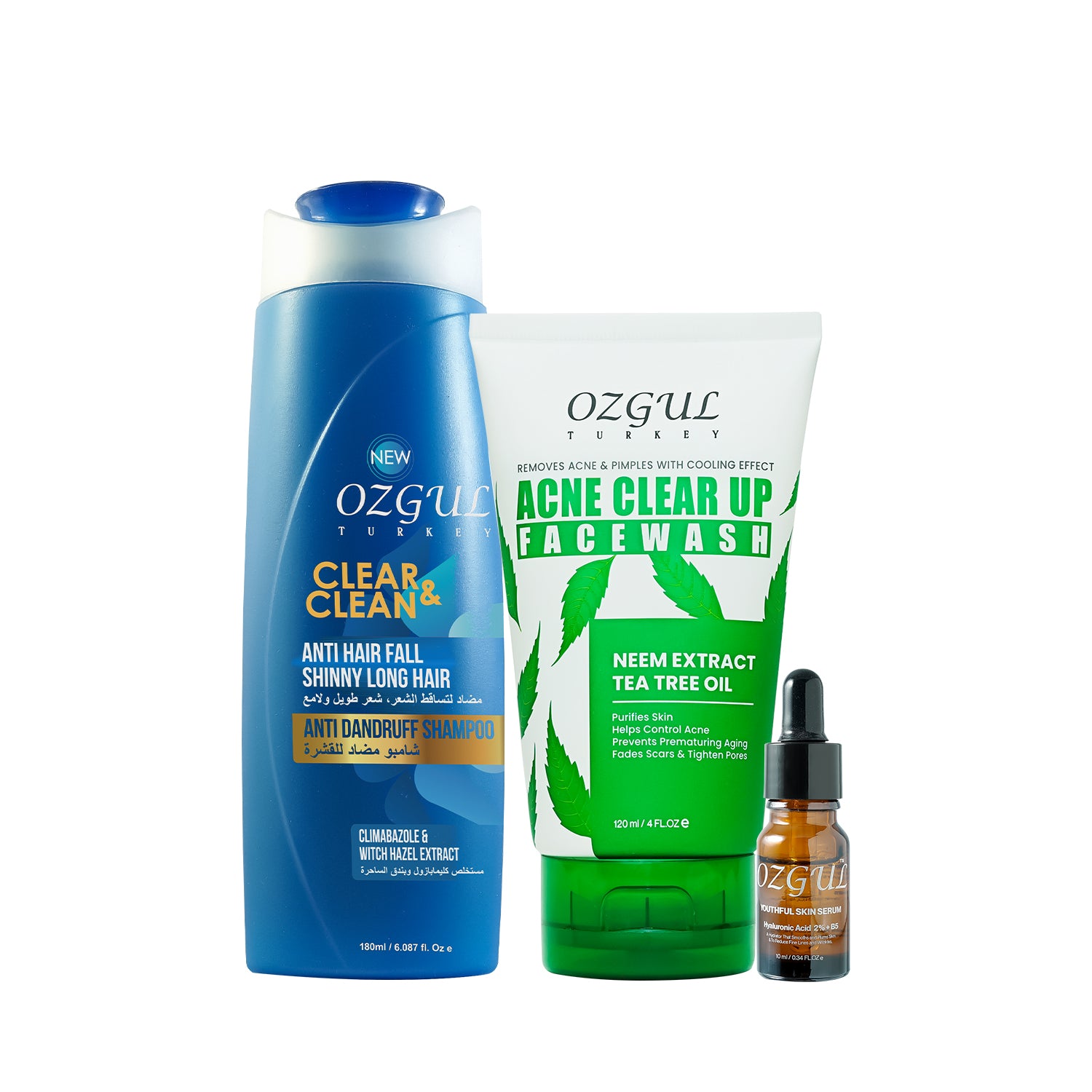 Ozgul skincare products including shampoo, face wash, and serum on a white background
