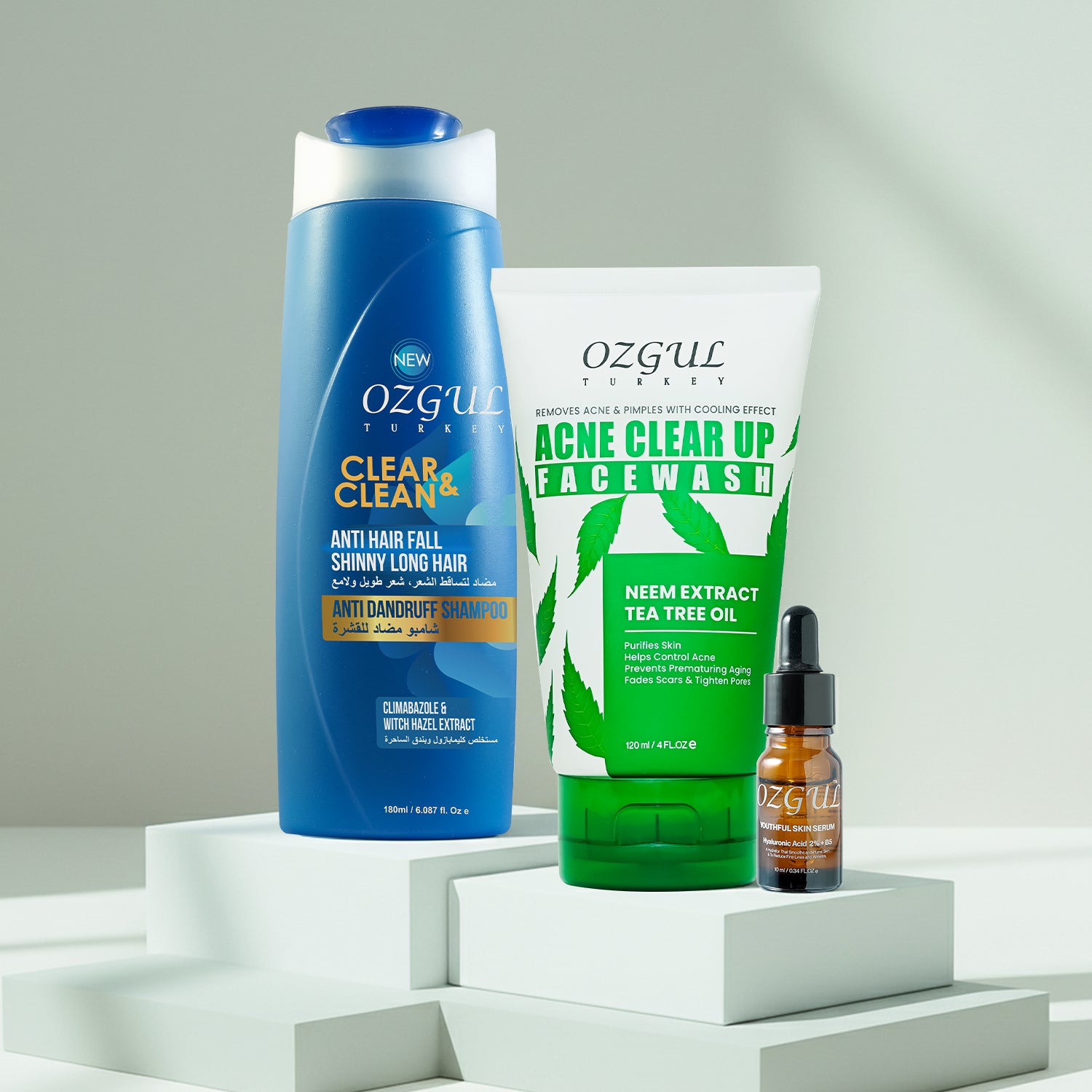 Ozgul skincare products including shampoo, face wash, and serum on a white background