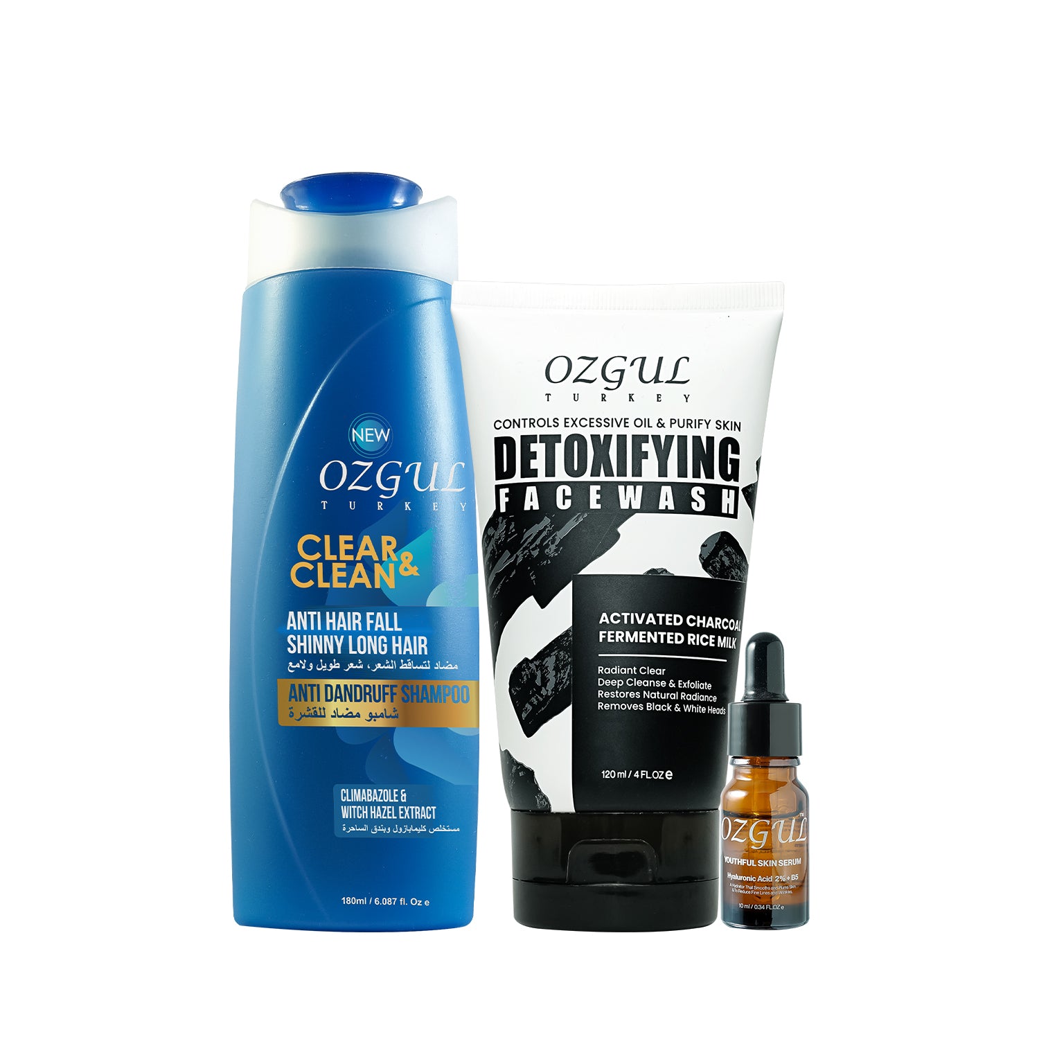 Ozgul skincare products including shampoo, face wash, and serum on a white background